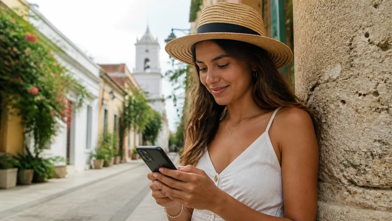 Traveller using a smartphone in the Dominican Republic for dominican republic esim price comparison