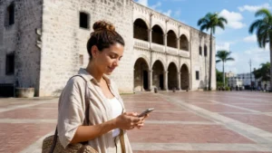Traveller using a smartphone in the Dominican Republic for dominican republic esim value guide