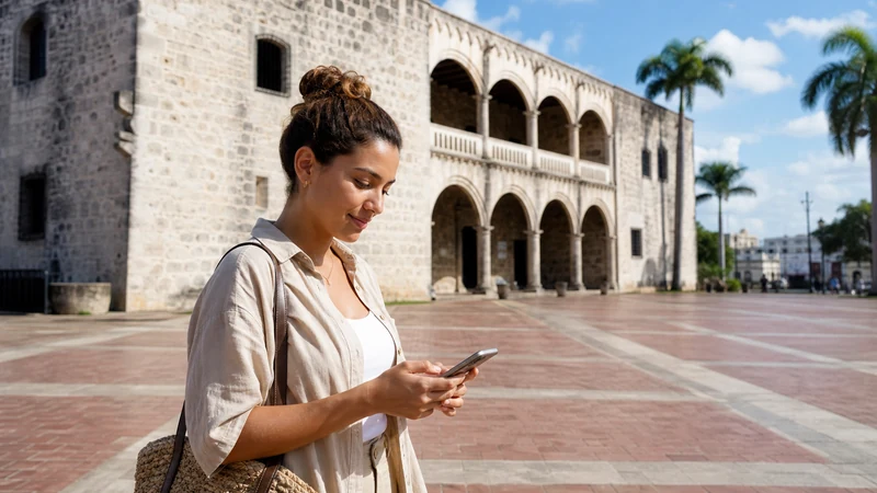 Traveller using a smartphone in the Dominican Republic for dominican republic esim value guide