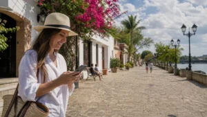 Traveller using a smartphone in the Dominican Republic for dominican republic family travel internet