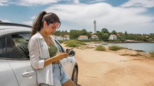 Traveller using a smartphone in the Dominican Republic for dominican republic offline maps road trip