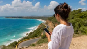 Traveller using a smartphone in the Dominican Republic for dominican republic road trip mobile internet