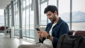 Traveller using a smartphone for dushanbe airport esim setup: arrival settings and troubleshooting