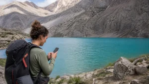 Traveller using a smartphone for dushanbe to iskanderkul mobile internet and esim guide