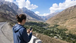 Traveller using a smartphone for dushanbe to khujand mobile internet: road, rail and flight guide