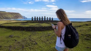 Traveller using a smartphone in Chile for using mobile data on easter island