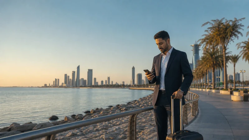 Traveller using mobile data on an Eastern Province waterfront.