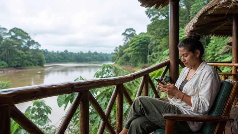 Traveller using a smartphone in Ecuador for ecuador amazon lodge internet