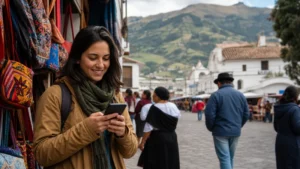 Traveller using a smartphone in Ecuador for ecuador amazon mobile internet