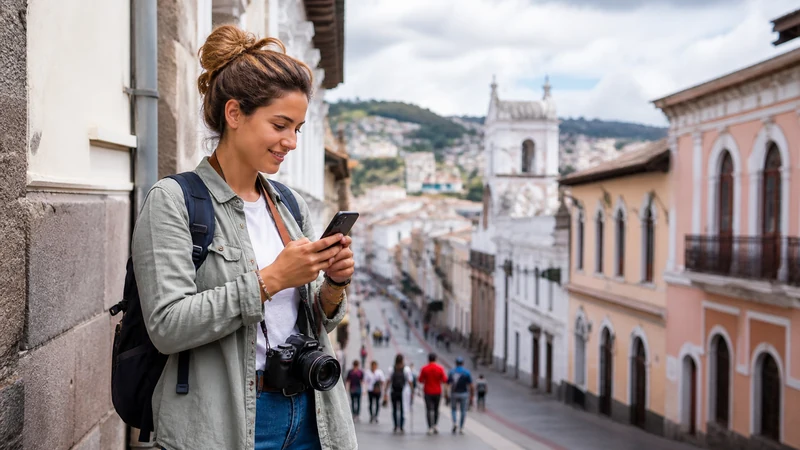 Traveller using a smartphone in Ecuador for ecuador esim coverage
