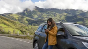 Traveller using a smartphone in Ecuador for ecuador offline maps road trip