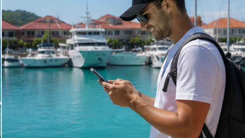 Traveller using a smartphone on Eden Island, Seychelles