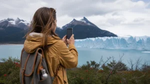 Traveller using a smartphone in Argentina for mobile coverage around el calafate