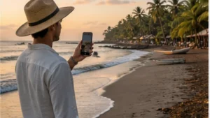 Traveller using a smartphone in El Salvador while researching mobile internet in el cuco