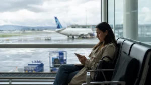 Traveller using a smartphone in Colombia for setting up your esim after landing at el dorado