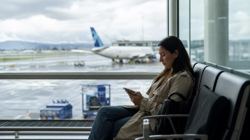 Traveller using a smartphone in Colombia for setting up your esim after landing at el dorado