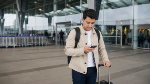 Traveller using a smartphone in Colombia for getting mobile data from el dorado airport to bogotá