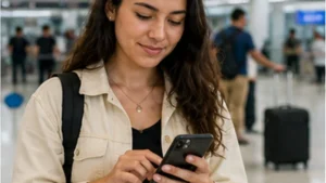 Traveller using a smartphone in El Salvador while researching how to set up an esim at el salvador international airport