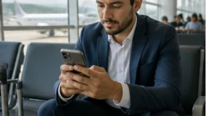 Traveller using a smartphone in El Salvador while researching reliable internet for business travel in el salvador