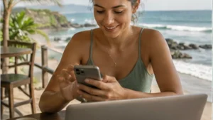 Traveller using a smartphone in El Salvador while researching el salvador internet guide for digital nomads