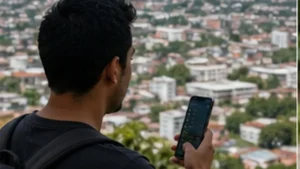 Traveller using a smartphone in El Salvador while researching how to use an el salvador esim on android