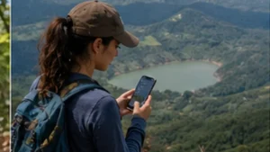 Traveller using a smartphone in El Salvador while researching el salvador esim coverage: what travellers should expect