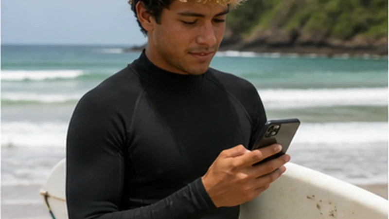 Traveller using a smartphone in El Salvador while researching using an el salvador esim for a surf trip