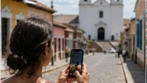 Traveller using a smartphone in El Salvador while researching how to use an el salvador esim on an iphone