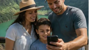 Traveller using a smartphone in El Salvador while researching mobile internet for family travel in el salvador