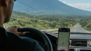 Traveller using a smartphone in El Salvador while researching mobile internet for an el salvador road trip