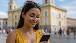 Traveller using a smartphone in El Salvador while researching mobile data for a short trip to el salvador