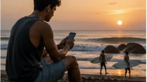 Traveller using a smartphone in El Salvador while researching mobile internet in el tunco