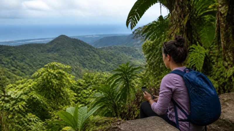 Traveller using a smartphone in Puerto Rico while preparing for mobile coverage around El Yunque
