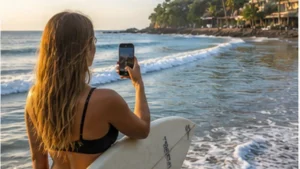 Traveller using a smartphone in El Salvador while researching mobile internet in el zonte
