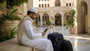 Pilgrim preparing mobile data before onward travel in Saudi Arabia.
