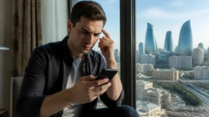 Traveller troubleshooting a smartphone in a Baku hotel