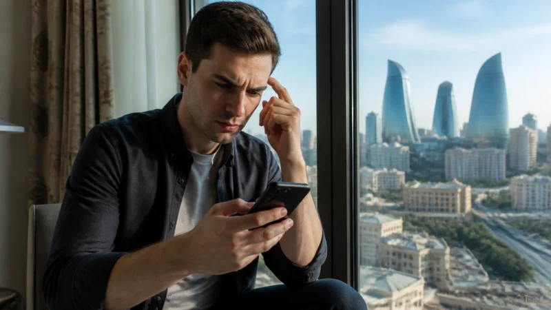 Traveller troubleshooting a smartphone in a Baku hotel