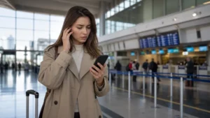 Traveller troubleshooting a smartphone connection at Sofia Airport