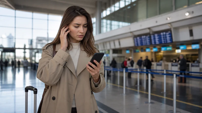 Traveller troubleshooting a smartphone connection at Sofia Airport