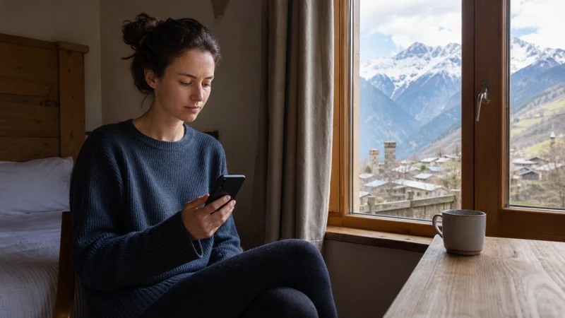 Traveller troubleshooting a smartphone in a Georgian mountain guesthouse