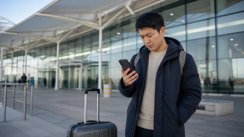 Traveller troubleshooting an eSIM outside a Kazakhstan airport.