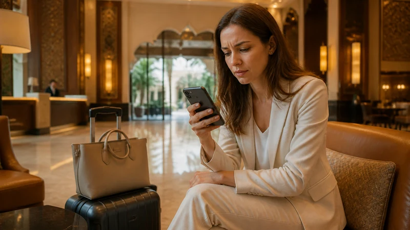 Traveller troubleshooting a phone in a muscat hotel lobby