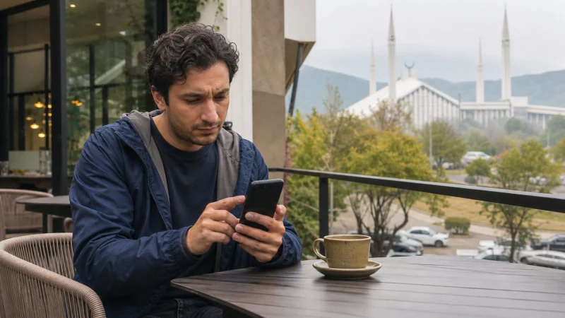 Traveller troubleshooting a smartphone at an Islamabad café