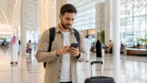 Traveller troubleshooting an eSIM after arriving at a Saudi airport.