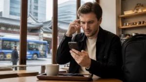 Traveller troubleshooting a smartphone at a Seoul café