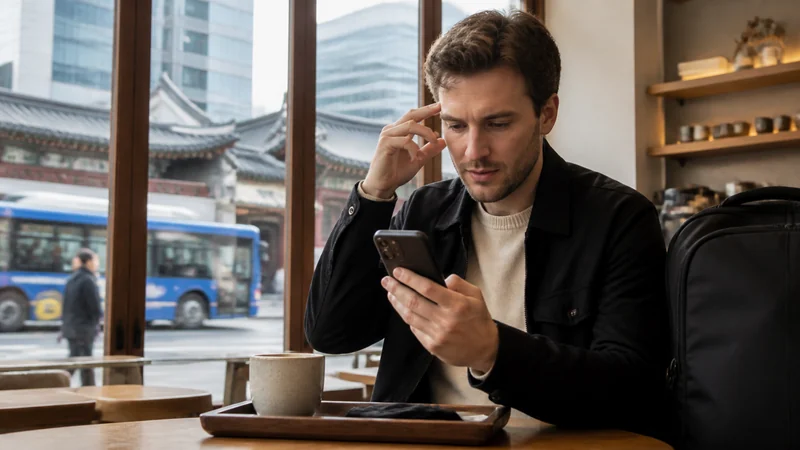 Traveller troubleshooting a smartphone at a Seoul café