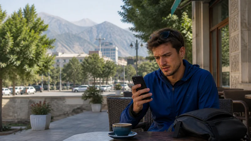 Traveller troubleshooting a phone at a café in Dushanbe