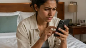 Traveller troubleshooting an eSIM connection on a smartphone in Tanzania