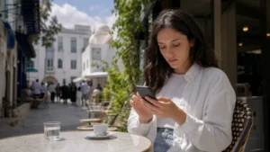 Traveller troubleshooting a smartphone at a Tunis café