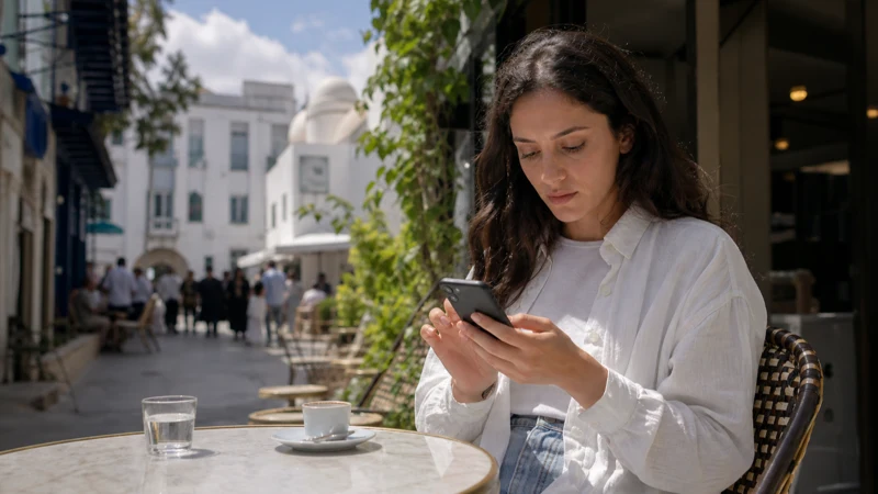Traveller troubleshooting a smartphone at a Tunis café